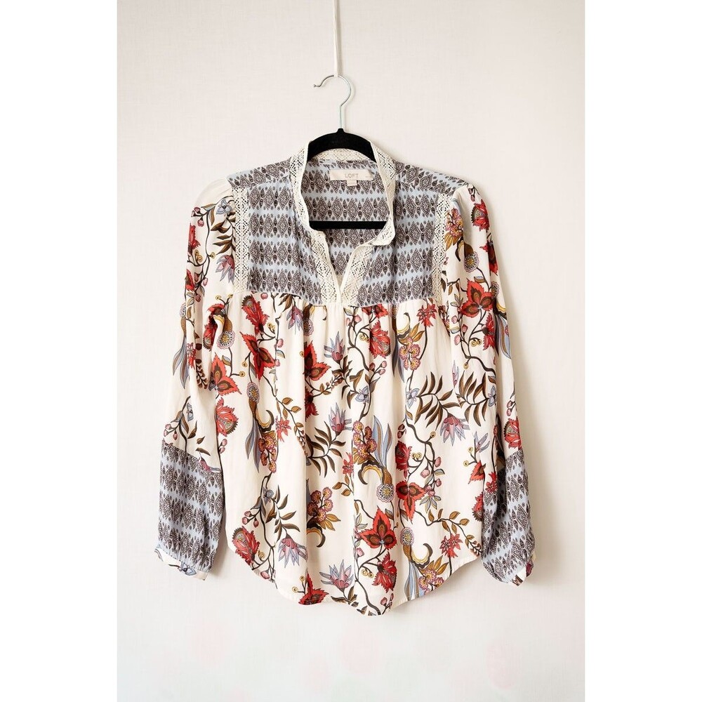 LOFT Petites MP womens blouse crochet floral cottage fairy